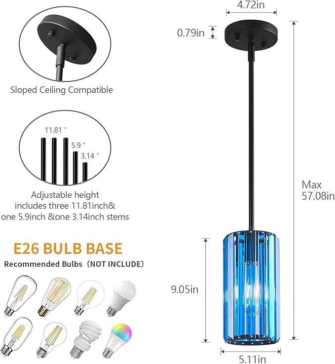 Modern Crystal Pendant Light Mini Dark Blue Chandeliers Adjustable Pendant Lights Fixture for Kitchen Island Dinning Room Corridor Bedroom(Dark Blue 1-Pack