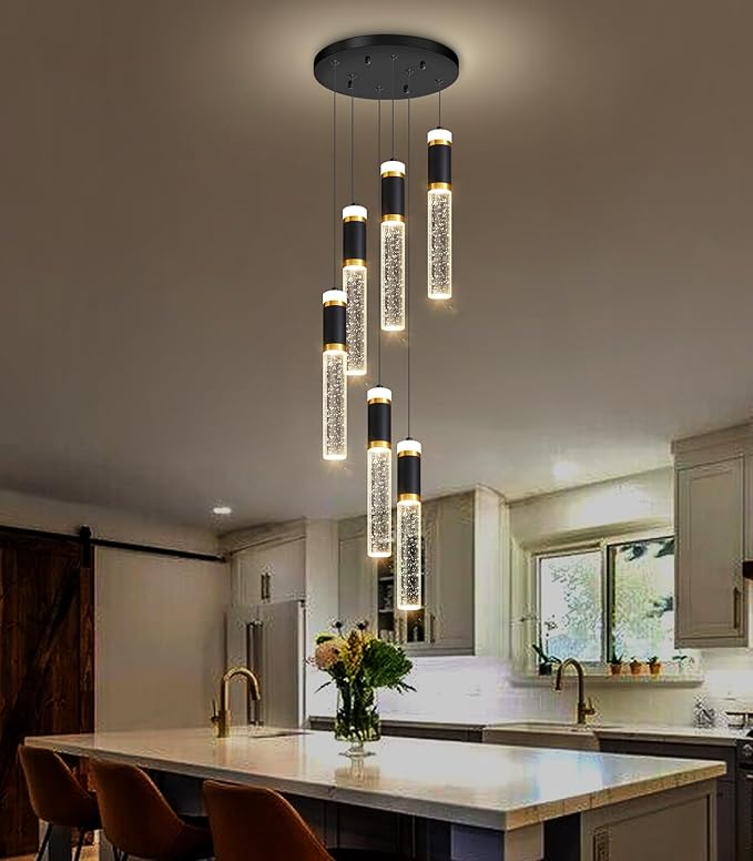 6-Lights Modern Crystal Spiral Chandelier for Staircase High Ceiling Chandeliers Bubble Pendant Lighting Hanging Light Fixture Flush Mount for Living Room Foyer Entryway