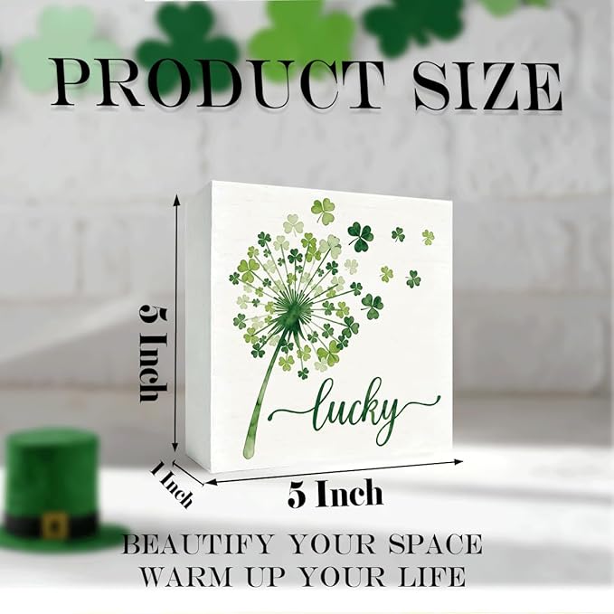 St Patrick's Day Table Decor Lucky Shamrock Wooden Box Sign, Minimal Irish Themed Tabletop Decor for Home Shelf Desk Entryway, Farmhouse Holiday Wooden Decoration for Spring Display 5 x 5 Inches