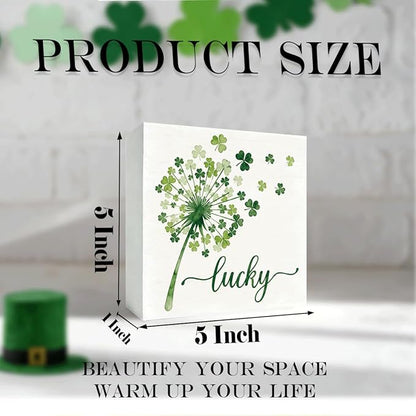 St Patrick's Day Table Decor Lucky Shamrock Wooden Box Sign, Minimal Irish Themed Tabletop Decor for Home Shelf Desk Entryway, Farmhouse Holiday Wooden Decoration for Spring Display 5 x 5 Inches