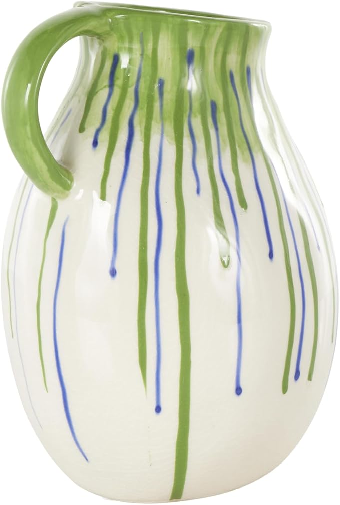 Deco 79 Ceramic Abstract Decorative Vase Centerpiece Vases with Green and Blue Drip Design and Handle, Flower Vases for Home Decoration 9" x 8" x 11", White
