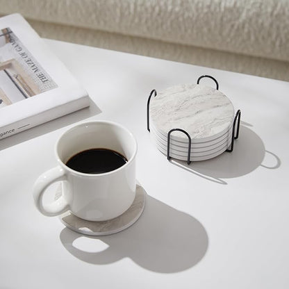 Set of 6 Off White Abstract Onyx Marble Coasters with Holder, Absorbent Ceramic Drink Coasters for Table Protection, Coffee Table Decor