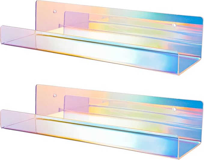 NiHome 2PCS Iridescent Wall Mounted Clear Acrylic Floating Shelves, Attom Tech 15" Thick Invisible Wall Ledge Bookshelf Kids Book Display Shelves for Home, Office, School, Business