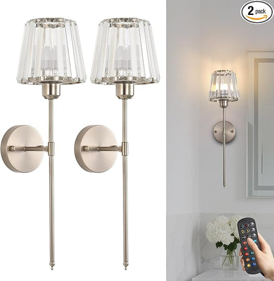 Battery Operated Crystal Wall Sconce Set of 2, Brushed Nickel Wireless Wall Light with Remote Control, LED Dimmable 15 Colors USB Rechargeable Light Bulbs Wall Lamp for Bedroom Living Room Hallway