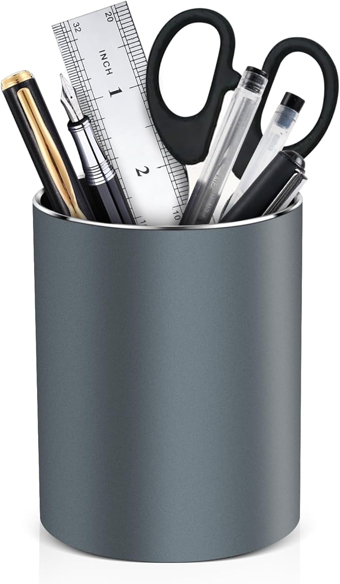 RQB Metal Pen Holder for Desk Round Aluminum Desktop Organizer and Makeup Brush Holder Storage Box for Office, School, Home, and Kids, Non-slip silicone bottom3.9×3.14inch (Grey)