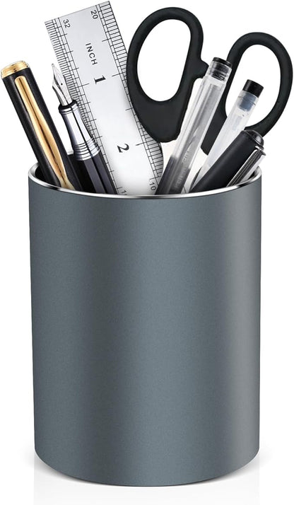 RQB Metal Pen Holder for Desk Round Aluminum Desktop Organizer and Makeup Brush Holder Storage Box for Office, School, Home, and Kids, Non-slip silicone bottom3.9×3.14inch (Grey)
