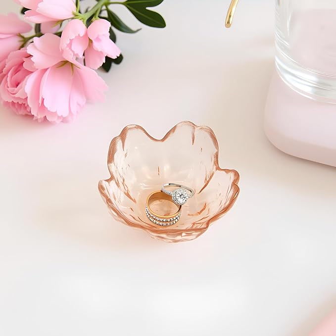 Crystal Orange Flower Ring Dish Jewelry Tray, Decorative Glass Trinket Dish, Modern Accent Tray for Vanity