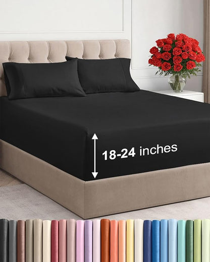 Extra Deep Twin Sheet Set - 4 Piece Breathable and Cooling Sheets - Hotel Luxury Bed Sheets Set - Easy & Secure Fit - Soft, Wrinkle Free and Comfy Sheets Set - Black Sheet Set with Extra Deep Pockets