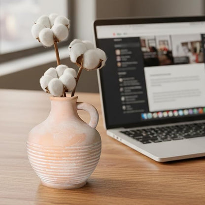 Ceramic Flower Vase with Handle, 6 inch Rustic Terracotta Vase, Vintage Clay Pottery, Farmhouse Decor, House Decorations for Home, Living Room, Bedroom, Entryway, Kitchen Decor