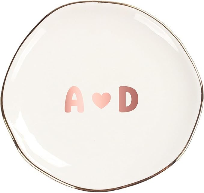 Personalized Ceramic Gold Trim Jewelry Tray Bridesmaid Wedding Engagement Gifts Jewelry Dish Decorative Trinket Custom Ring Dish With Name Couple Initials (Style D)