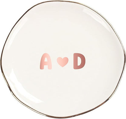 Personalized Ceramic Gold Trim Jewelry Tray Bridesmaid Wedding Engagement Gifts Jewelry Dish Decorative Trinket Custom Ring Dish With Name Couple Initials (Style D)