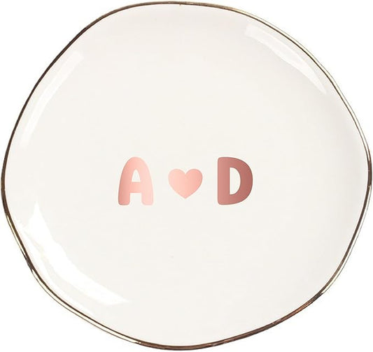 Personalized Ceramic Gold Trim Jewelry Tray Bridesmaid Wedding Engagement Gifts Jewelry Dish Decorative Trinket Custom Ring Dish With Name Couple Initials (Style D)