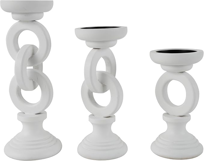 Deco 79 Wooden Decorative Candle Holder Chain Link Candle Stand, Set of 3 Candlestick Holder 13", 11", 9" H, White