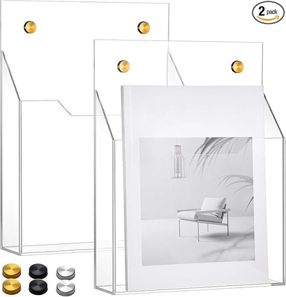 2Pcs Clear Acrylic File Holder Wall Mount Mail Magazine Organizer File Holders with Screw Wall Pocket Office Document Storage Rack Magazine Letter Brochure(12.6"x9.5"x2.4",Vertical)