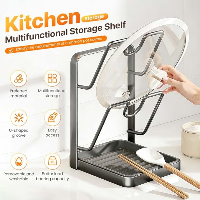 Kitchen Pot Lid Storage Rack – Thickened Steel Construction, Multifunctional Pan Lid Holder Organizer & Pot Lid Rack, Space-Saving Countertop Organizer (White 2 Layer)