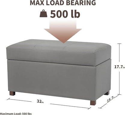 Joveco 32" Leather Storage Ottoman Bench, Rectangle Foot Rest Stool for Living Room, Bedroom, Entryway, Grey