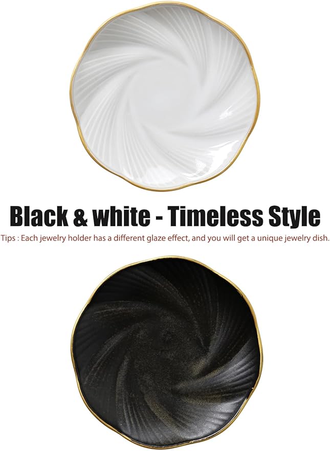 Black Ceramic Jewelry Tray with Gold Edge, 5 Inch Modern Trinket Dish for Rings & Earrings, Minimal Vanity Organizer