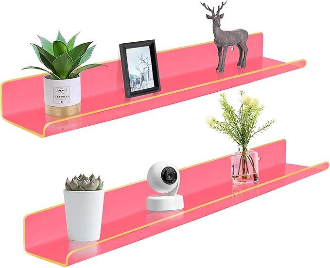 ROYALITA 24 Inches Acrylic Floating Book Shelves Wall Mounted Set of 2, Wall Hanging Plant Display Shelves, Room Decor Floating Wall Shelves for Gaming Room, Bedroom, Living Room, Office, Pink