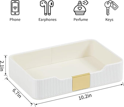 Valet Tray Desktop Storage Organizer, PU Leather Catchall Bedside Vanity Tray with Brass Accents Block Nightstand Organizer for Keys Watch Wallet Phone, Decorative Nightstand Storage (White)