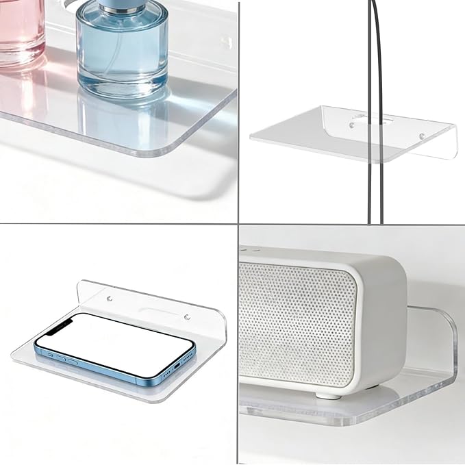 Small Floating Shelves Acrylic Wall Shelf 2 Pack Hanging Shelves for Bedroom, Gaming Room, Living Room, Bathroom, Office with Cable Clips (Clear)