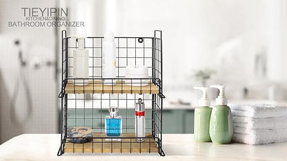 TIEYIPIN 2-Tier Stackable Metal Wire Hanging Baskets, Fruit Basket,Snack Station for Countertop, Coffee Bar Storage Organizer with Detachable Wooden Base, Rustic Farmhouse Counter Shelf - Black