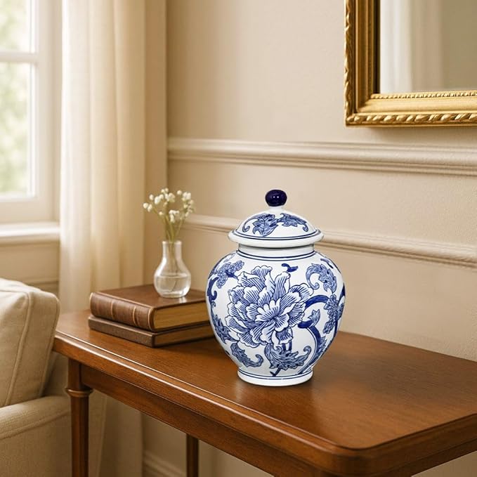 Blue and White Vase Ginger Jar - 8.7" Chinoiserie Decor Ginger Jar Blue & White Porcelain Flowers Ceramic Covered Jars with Lid Chinoiserie Decorative Vase for Home Room Office Tabletop Centerpieces