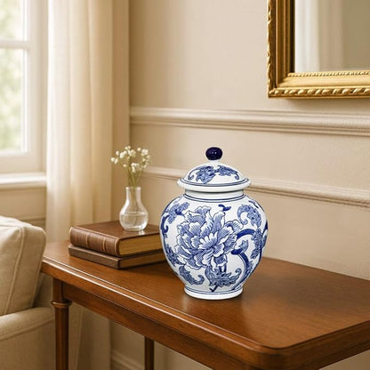 Blue and White Vase Ginger Jar - 8.7" Chinoiserie Decor Ginger Jar Blue & White Porcelain Flowers Ceramic Covered Jars with Lid Chinoiserie Decorative Vase for Home Room Office Tabletop Centerpieces
