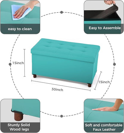 Ottoman Storage Bench for Living Room with Tray, Bedroom Foot Stool, Coffee Table Lid, End of Bed Faxu Leather 30" Inch (L-Green)