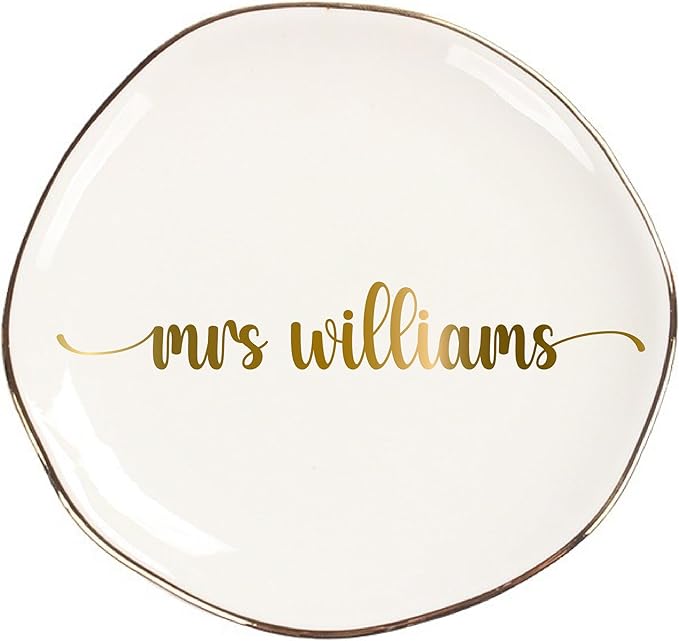 Personalized Ceramic Gold Trim Jewelry Tray Bridesmaid Wedding Engagement Gifts Jewelry Dish Decorative Trinket Custom Ring Dish With Name Couple Initials (Style E)