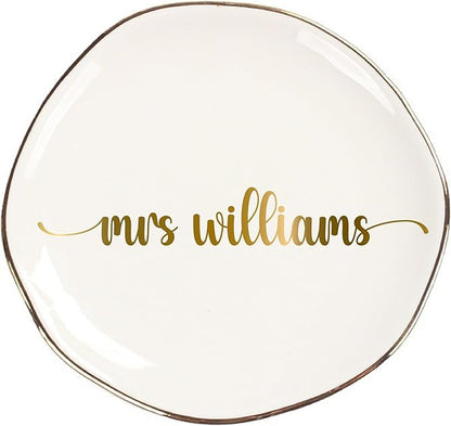 Personalized Ceramic Gold Trim Jewelry Tray Bridesmaid Wedding Engagement Gifts Jewelry Dish Decorative Trinket Custom Ring Dish With Name Couple Initials (Style E)