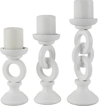 Deco 79 Wooden Decorative Candle Holder Chain Link Candle Stand, Set of 3 Candlestick Holder 13", 11", 9" H, White