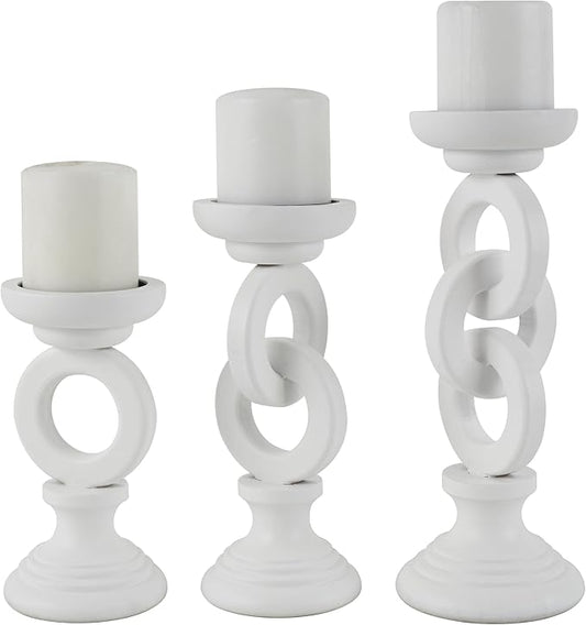 Deco 79 Wooden Decorative Candle Holder Chain Link Candle Stand, Set of 3 Candlestick Holder 13", 11", 9" H, White