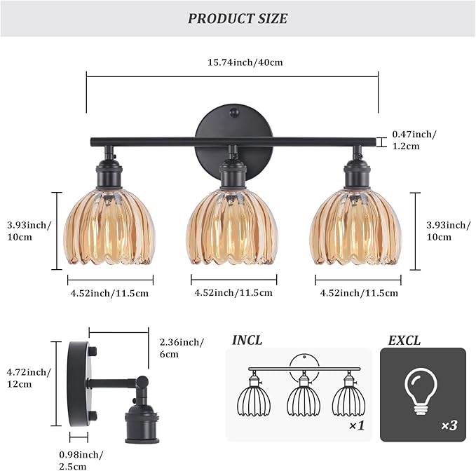 Bathroom Light Fixtures, 3-Light Black Vanity Wall Light Over Mirror with Amber Tulip Glass Shade for Bedroom Living Room (Bulb Not Included)