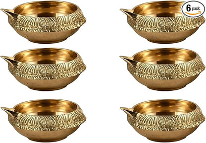 Hashcart Brass Kuber Diya Indian Puja Oil Lamp - Pack of 6 Pcs - Engraved Design - Diwali Diyas