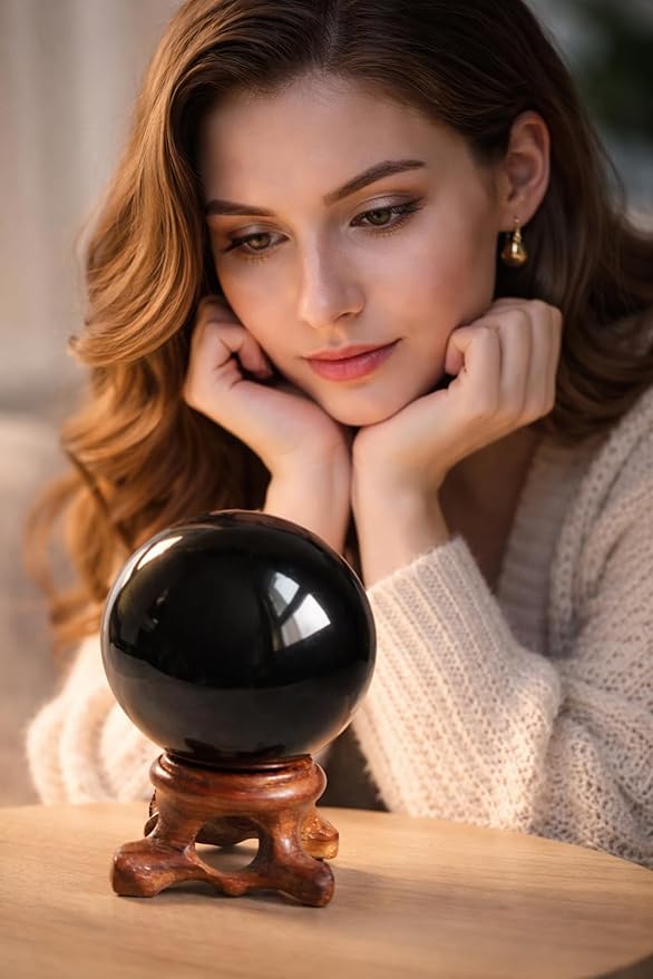 Mina Heal Black Obsidian Crystal Ball for Meditation, Feng Shui, Crystal Healing, and Scrying – Authentic Natural Obsidian Sphere for Energy Work