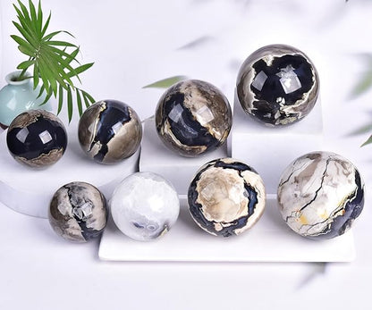 JIC Gem 2.7-3.1 inch(70-80mm) Large Volcanic Agate Crystal Sphere Quartz Crystal Ball with Stand Healing Ornament Witchcraft Meditation Decor