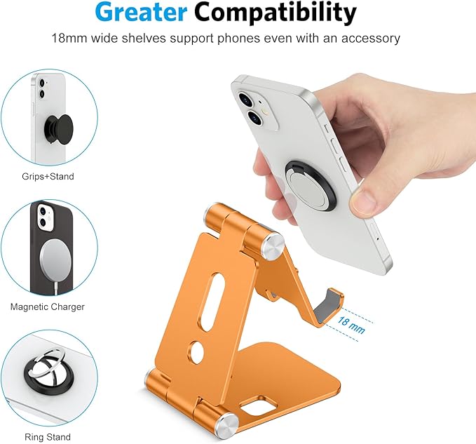 OMOTON Foldable Cell Phone Stand, C4 Portable Aluminum Phone Holder, Adjustable Phone Dock Cradle Compatible with iPhone 17/16/15 Pro Max Air, Samsung Galaxy, Small Tablets, Smart Phones, Orange