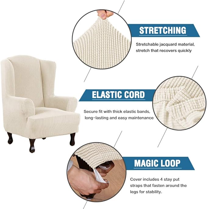 H.VERSAILTEX Wing Chair Slipcover Chair Covers for Wingback Chairs Wingback Chair Covers Slipcovers 1 Piece Stretch Sofa Cover Furniture Protector Soft Spandex Jacquard Checked Pattern, Natural