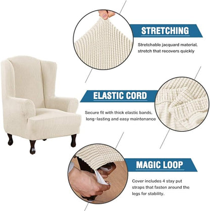 H.VERSAILTEX Wing Chair Slipcover Chair Covers for Wingback Chairs Wingback Chair Covers Slipcovers 1 Piece Stretch Sofa Cover Furniture Protector Soft Spandex Jacquard Checked Pattern, Natural