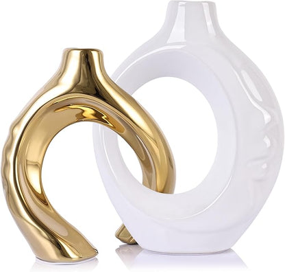 LCCCK White and Gold Ceramic Vases for Home Decor, Boho Vase for Flowers Pampas Grass Decorative, White Gold Hollow Donut Small Vase for Living Room Table Wedding Centerpiece Modern Vases