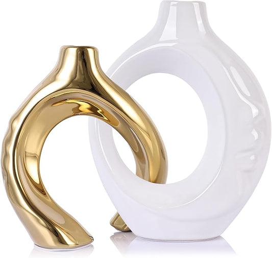 LCCCK White and Gold Ceramic Vases for Home Decor, Boho Vase for Flowers Pampas Grass Decorative, White Gold Hollow Donut Small Vase for Living Room Table Wedding Centerpiece Modern Vases
