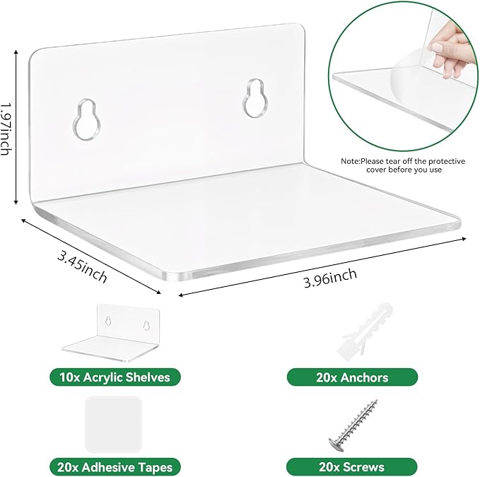 Sankoly 10 Pack 4 Inches Small Acrylic Wall Shelves,Clear Floating Shelves with Dual Installation (Adhesive & Screws), for Storing Surveillance Cameras, Speakers, Perfume Bottles, Plants