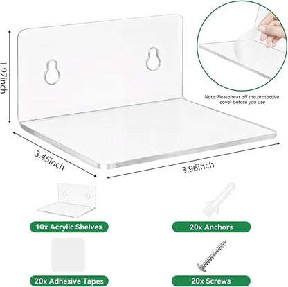 Sankoly 10 Pack 4 Inches Small Acrylic Wall Shelves,Clear Floating Shelves with Dual Installation (Adhesive & Screws), for Storing Surveillance Cameras, Speakers, Perfume Bottles, Plants