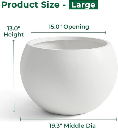 Fiberstone Sphere Planter, 19.3" Dia x 13" H Large Flower Pot with Drainage Hole and Silicone Plug, Round Plant Container for Indoor or Outdoor, 15" Opening, Large White