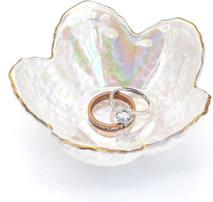 Flower Shape Ring Dish Jewelry Tray Organizer, Glass Accent Tray for Vanity, Small Decorative Trinket Dish, Pearl White