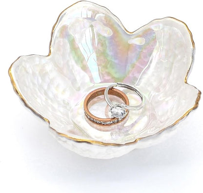 Flower Shape Ring Dish Jewelry Tray Organizer, Glass Accent Tray for Vanity, Small Decorative Trinket Dish, Pearl White
