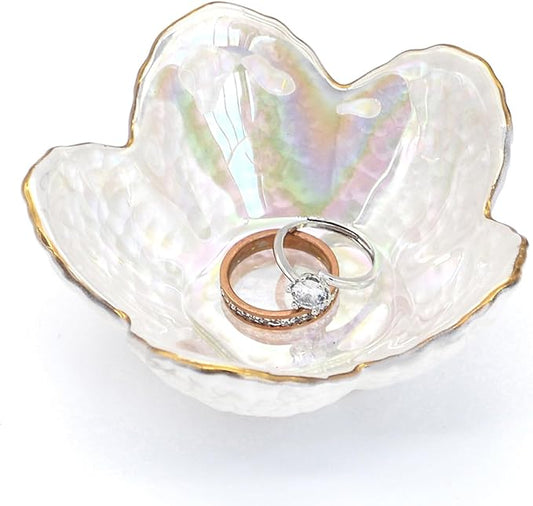 Flower Shape Ring Dish Jewelry Tray Organizer, Glass Accent Tray for Vanity, Small Decorative Trinket Dish, Pearl White