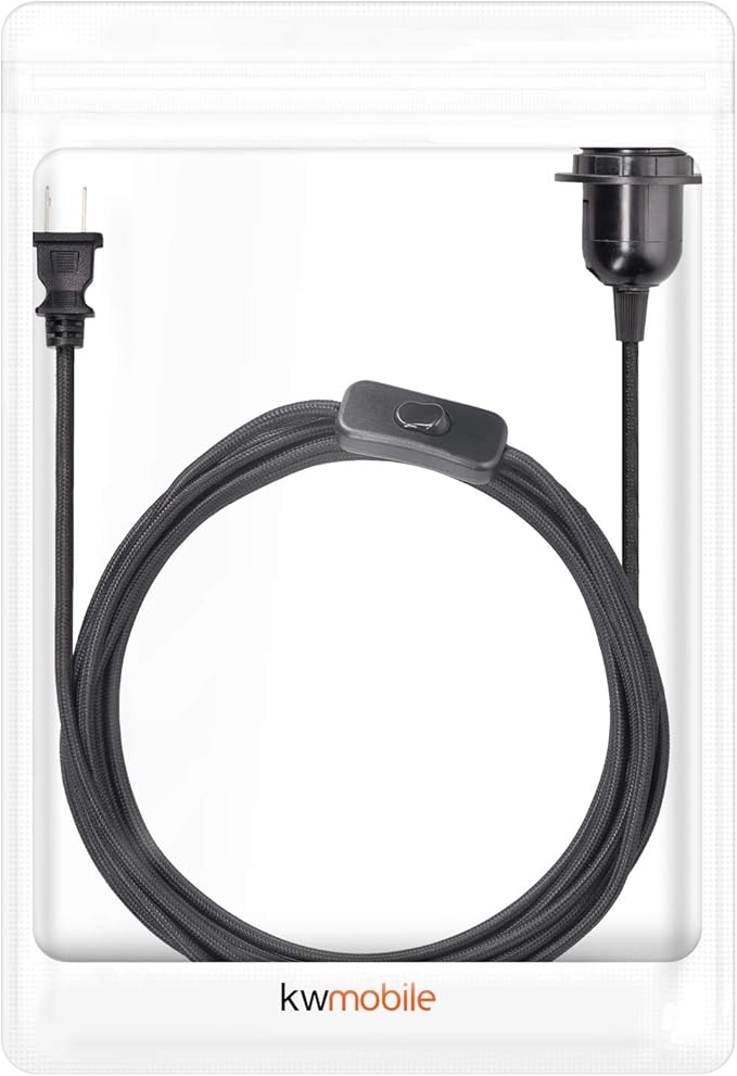 kwmobile Plug-in Light Cord - 15ft Long Fabric Pendant Lamp Cable with Plug, E26 Socket - for Hanging DIY Ceiling Lighting - Black