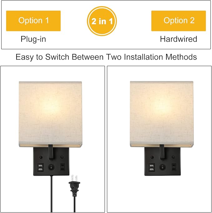 YBING Bedside Wall Lamp Set of 2, Modern Wall Sconces with Plug in Cord Nightstand Wall Lamps with Dual USB and AC Outlet Black Wall Lamps for Bedroom Living Room (2 Bulbs Included)