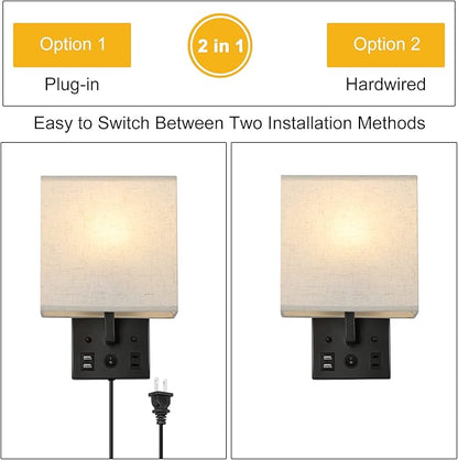 YBING Bedside Wall Lamp Set of 2, Modern Wall Sconces with Plug in Cord Nightstand Wall Lamps with Dual USB and AC Outlet Black Wall Lamps for Bedroom Living Room (2 Bulbs Included)